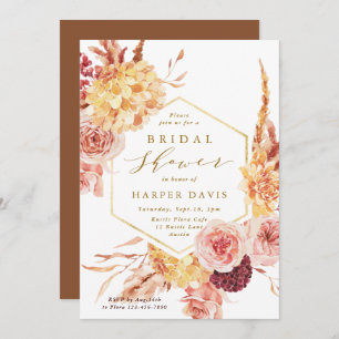 Gold Burnt Orange Terracotta Flowers Bridal Shower Invitation