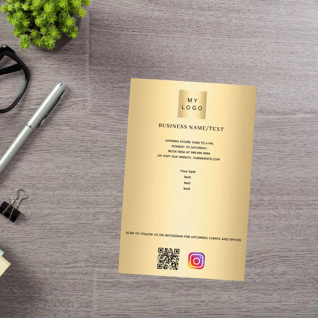 Gold business logo qr code instagram custom text flyer | Zazzle