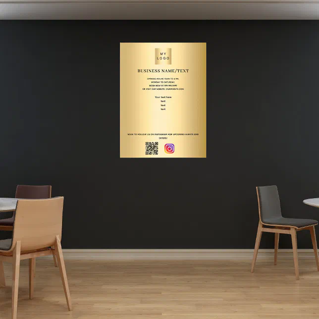 Gold business logo qr code instagram custom text poster | Zazzle