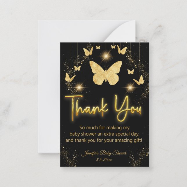 gold butterflies black thank you baby shower  card (Front)