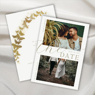 Gold Butterflies Boho Wedding 2 Photos Save Date Invitation