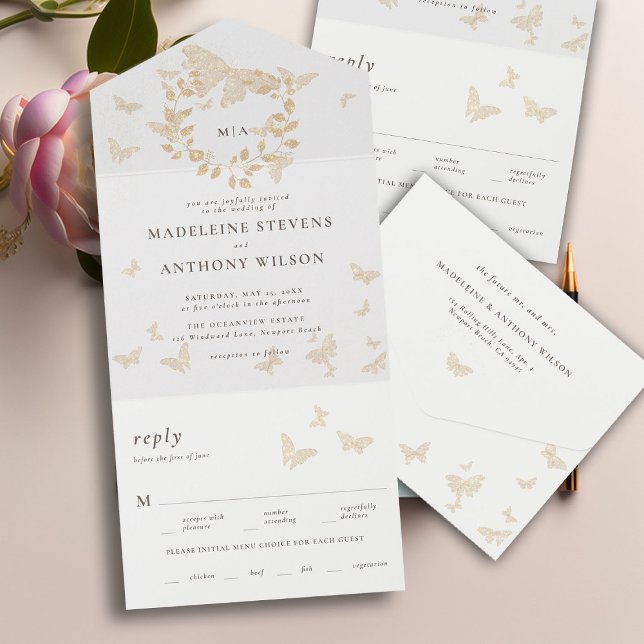 Gold Butterflies Elegant Romantic All One Wedding All In One Invitation (butterflies garden theme modern romantic elegant minimalist all in one trifold wedding invitation)