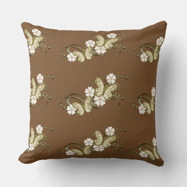 Gold Butterflies Floral Pattern Pillow (Front)