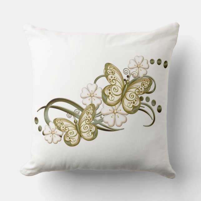 Gold Butterflies Floral Pattern Throw Pillow (Front)