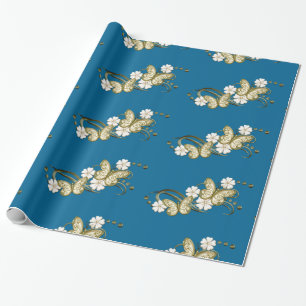 Gold Butterflies Floral Pattern Wrapping Paper