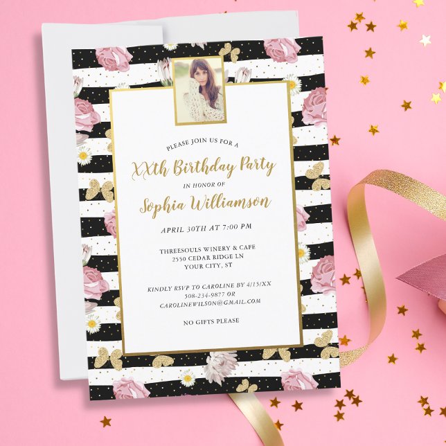 Gold Butterflies Floral Print Birthday Photo Party Invitation (Creator Uploaded)