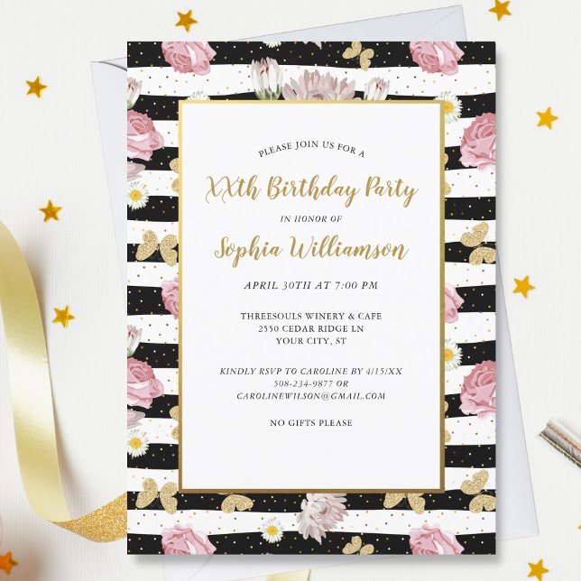 Gold Butterflies Floral Stripe Pattern Birthday Invitation (Creator Uploaded)