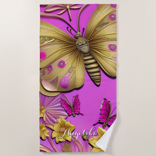 Gold Butterflies Hot Pink Personalised Name Beach Towel (Front)
