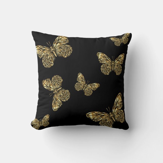 Gold butterflies pattern at black, decorative cushion (Front)