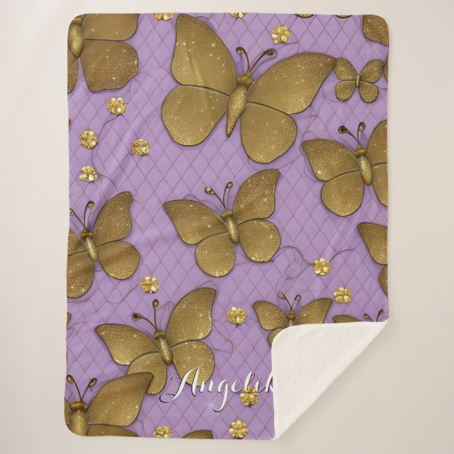 Gold Butterflies Personalised Name Sherpa Blanket (Front)
