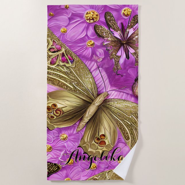 Gold Butterflies Pink Flowers Personalised Name Beach Towel (Front)