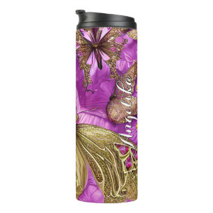 Gold Butterflies Pink Flowers Personalised Name Thermal Tumbler