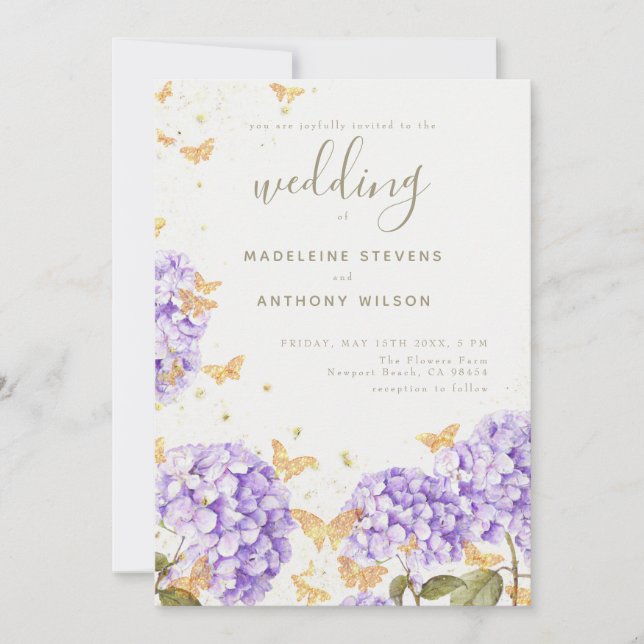 Gold Butterflies Purple Hydrangea Rustic Wedding Invitation (Front)