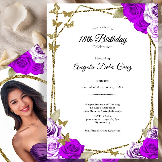 Gold Butterflies Purple Roses 18th Debut Birthday Invitation (Creator Uploaded)