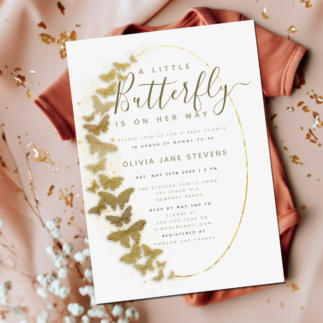 Gold Butterflies Simple Boho Frame Baby Shower Invitation (Creator Uploaded)