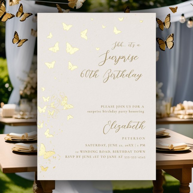 Gold Butterflies Surprise Elegant Birthday Party (50th surprise party invitations for women gold foil butterflies garden backyard chic modern elegant)