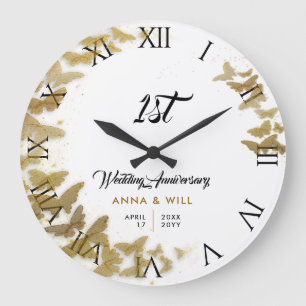 Gold Butterflies Wreath Boho Wedding Anniversary Large Clock