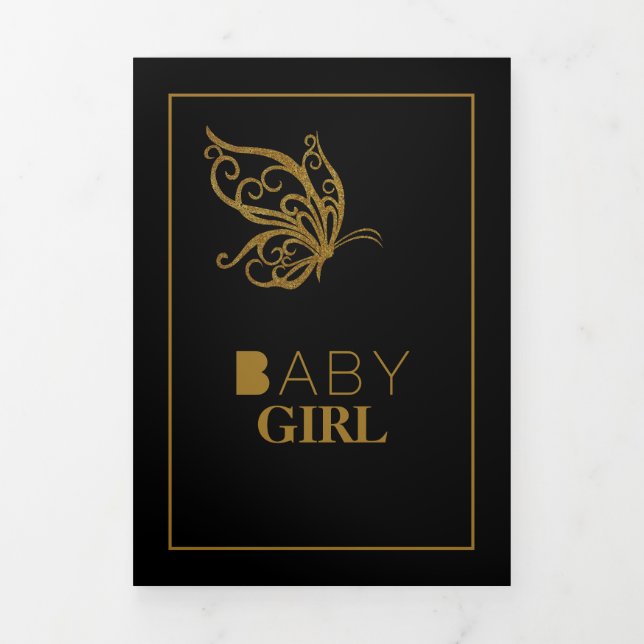 Gold Butterfly, 4 Photo Collage Baby Birth Tri-Fold Announcement (Cover)