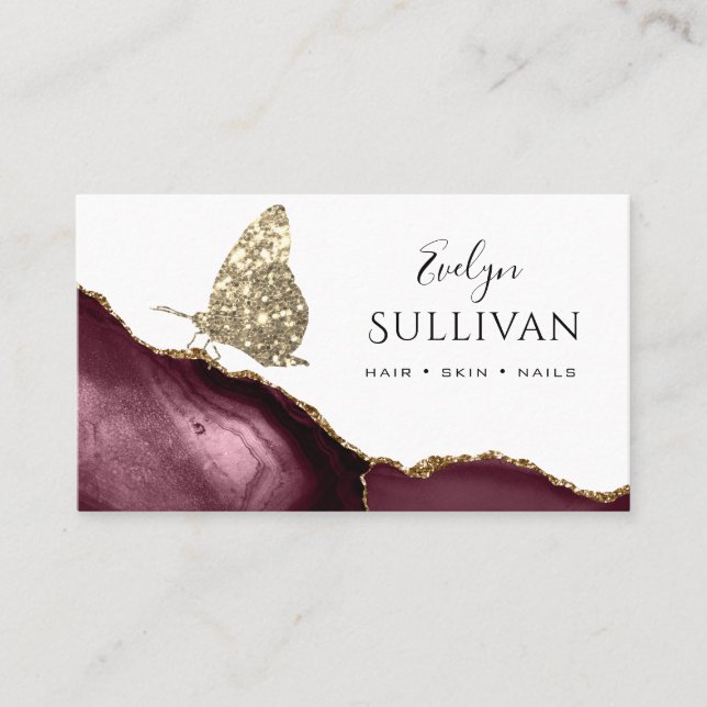 gold butterfly and burgundy agate business card (Front)