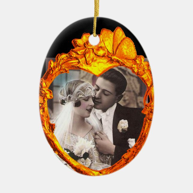 GOLD BUTTERFLY AND FLOWERS  HEART PHOTO TEMPLATE CERAMIC ORNAMENT (Front)