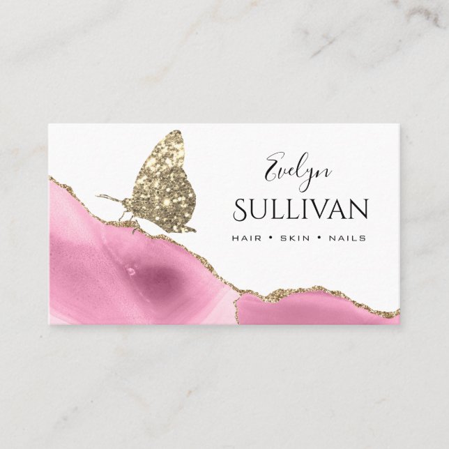 gold butterfly and pink agate business card (Front)