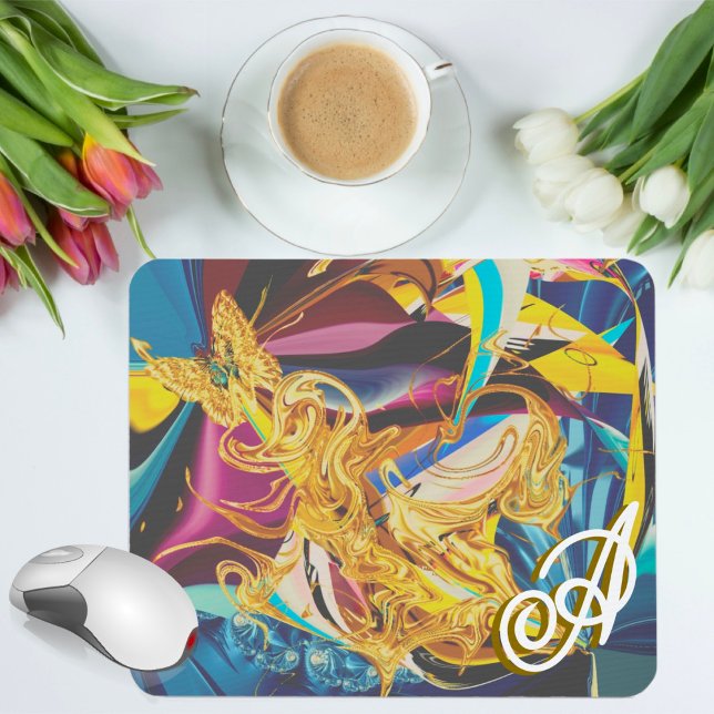 Gold Butterfly Antique Monogram Liquid Abstract Mouse Pad (Creator Uploaded)