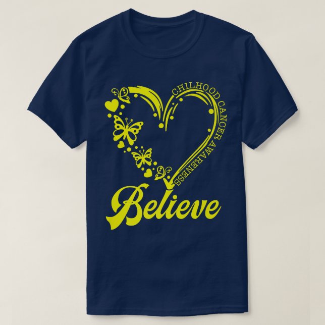 Gold Butterfly Believe Childhood Cancer Awareness  T-Shirt (Design Front)