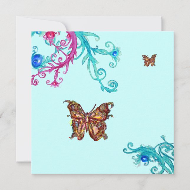 GOLD BUTTERFLY , bright pink  blue Invitation (Front)