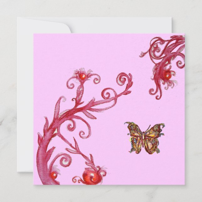 GOLD BUTTERFLY , bright pink red Invitation (Front)