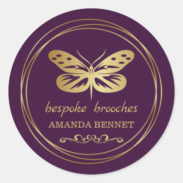 Gold butterfly, circle frame designer classic round sticker (Front)