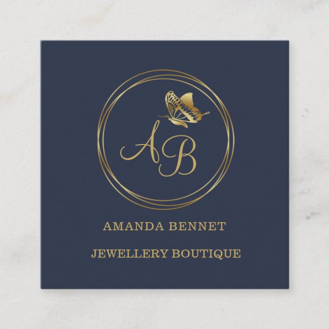 Gold butterfly, circle frame feminine monogram square business card (Front)