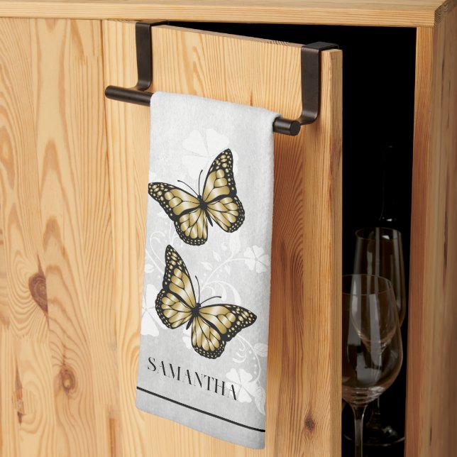 Gold Butterfly Floral Kitchen Towel (Thirds Fold)