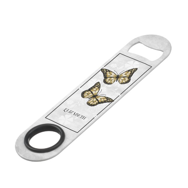 Gold Butterfly Floral Personalised Bar Key (Front Angled)