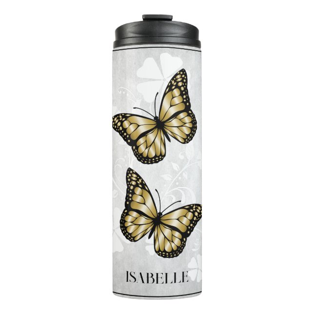 Gold Butterfly Floral Personalised Thermal Tumbler (Front)
