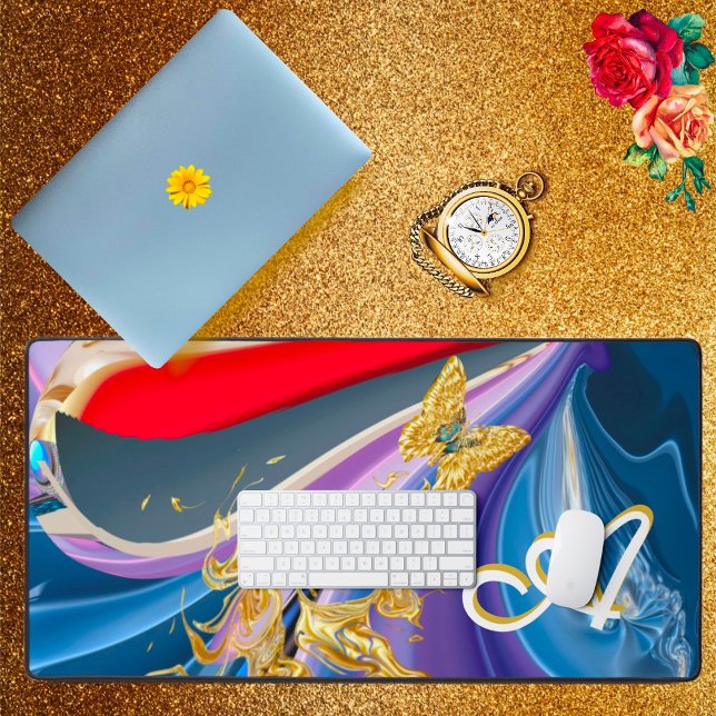 Gold Butterfly Flower Monogram Liquified Abstract  Desk Mat (Creator Uploaded)