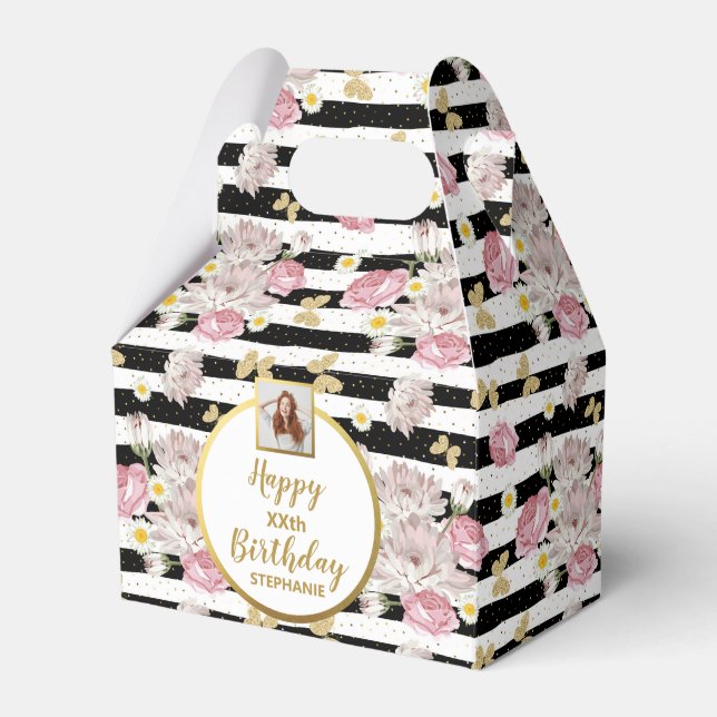 Gold Butterfly, Flowers, Happy Birthday Photo Favour Box (Front Side)