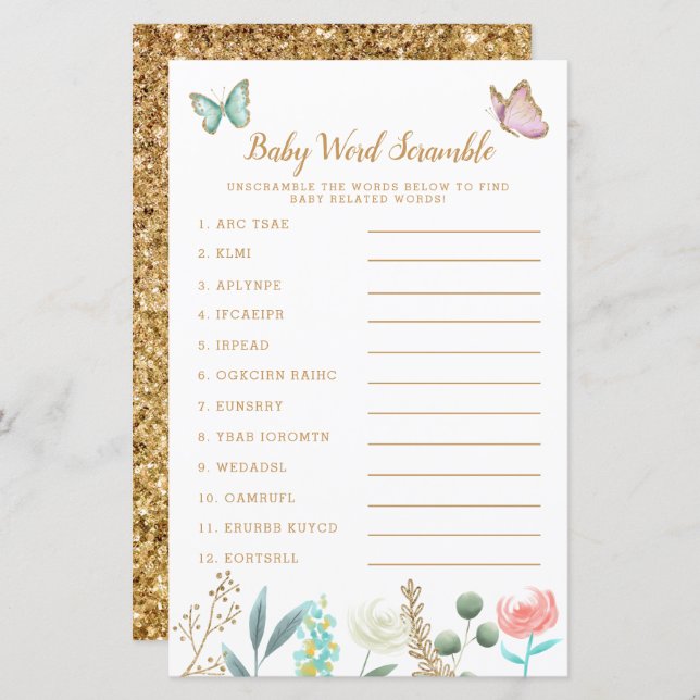 Gold Butterfly Garden Baby Word Scramble Game (Front/Back)