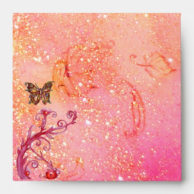 GOLD BUTTERFLY IN PINK SPARKLES AND SWIRLS ENVELOPE (Front)