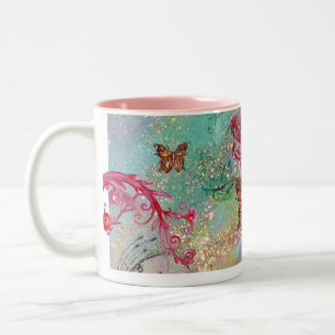 GOLD BUTTERFLY IN SPARKLES 2 pink red blue green Two-Tone Coffee Mug