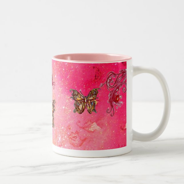 GOLD BUTTERFLY IN SPARKLES 2 pink red Two-Tone Coffee Mug (Right)