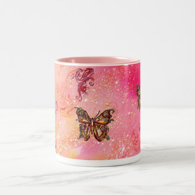 GOLD BUTTERFLY IN SPARKLES 2 pink red Two-Tone Coffee Mug (Center)