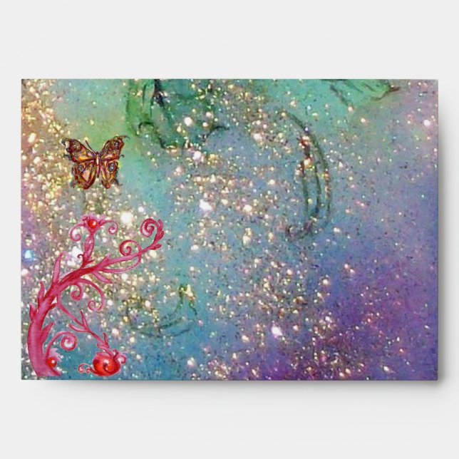 GOLD BUTTERFLY IN TEAL AQUA BLUE SPARKLES SWIRLS ENVELOPE (Front)
