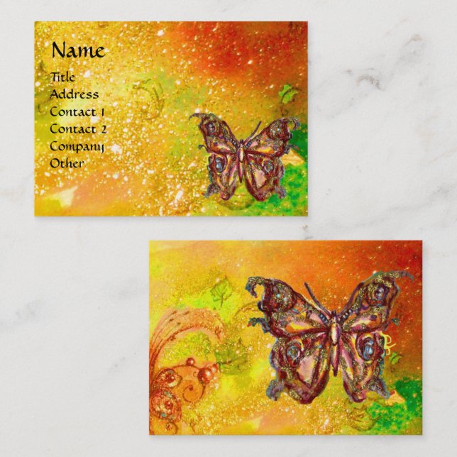 GOLD BUTTERFLY IN YELLOW GREEN RED BROWN SPARKLES BUSINESS CARD (Front/Back)
