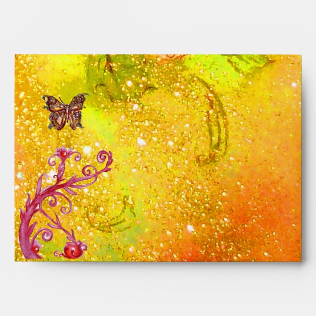 GOLD BUTTERFLY IN YELLOW SPARKLES AND SWIRLS ENVELOPES (Front)
