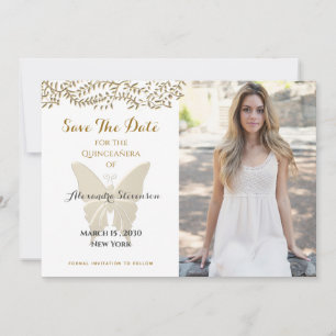 Gold Butterfly Photo Quinceañera Save The Date