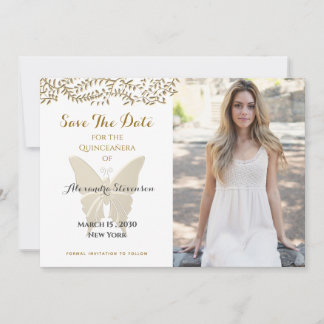 Gold Butterfly Photo Quinceañera Save The Date