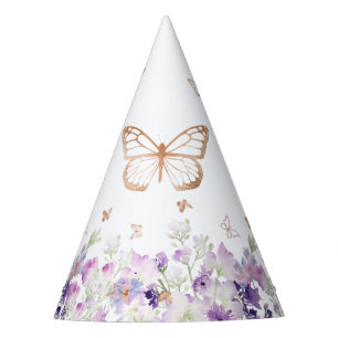 Gold butterfly purple floral birthday party hat