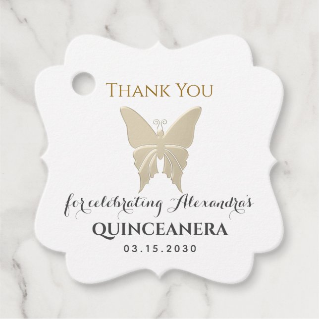 Gold Butterfly Quinceañera Favour Tags (Front)