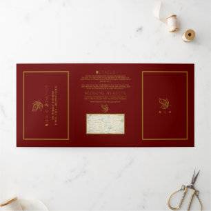 Gold Butterfly, Red & Gold Wedding Suite Tri-Fold Invitation