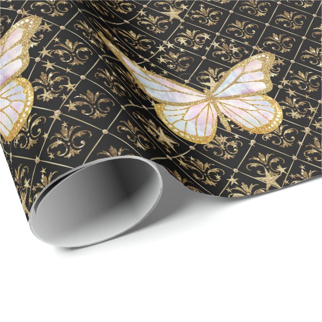 Gold Butterfly & Stars Wrapping Paper (Roll Corner)